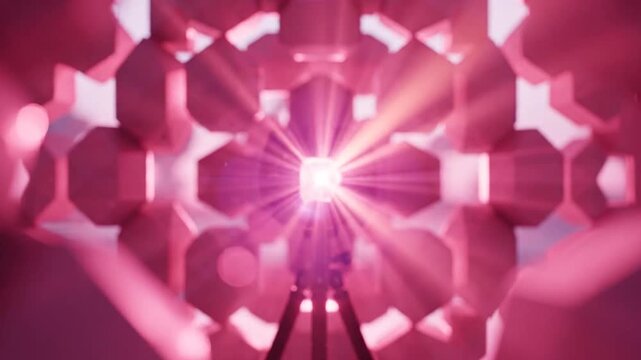 Abstract pink laser level on tripod emitting bright light rays through a symmetrical geometric kaleidoscope tunnel.