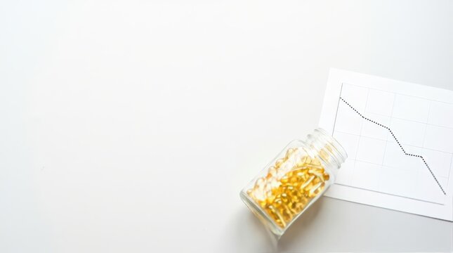 Vitamin D capsules beside a declining line graph, symbolizing seasonal affective disorder, reduced sunlight, worsening mood, low energy and depression during the dark winter months.