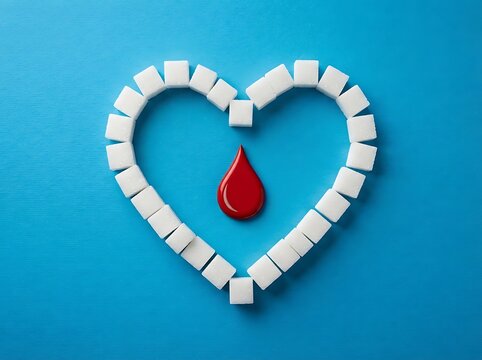 A heart shape carefully constructed from white sugar cubes features a single red drop representing the serious health concerns of diabetes awareness