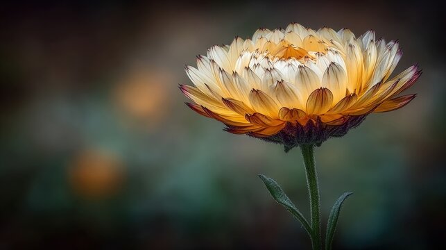Detailed Macro Side View of a Yellow Strawflower Xerochrysum bracteatum Against Dark Moody Bokeh