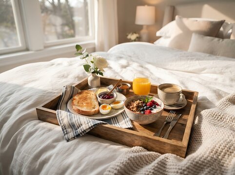 A delightful and luxurious breakfast served in a cozy bed featuring fresh fruit delicious pastries steaming coffee and vibrant juice on a wooden tray