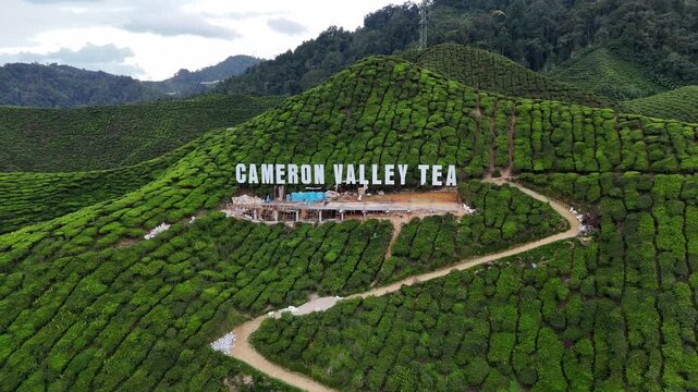 Cameron Valley Tea sign in Cameron Highlands, Malaysia, 4k 30fps aerial footage, 1 inch drone sensor
