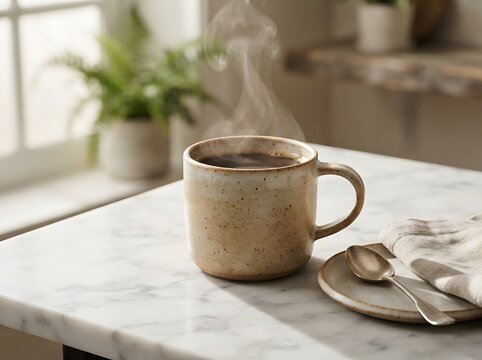 A steaming ceramic mug of hot coffee sits on a white marble kitchen table next to a small plant by a bright window