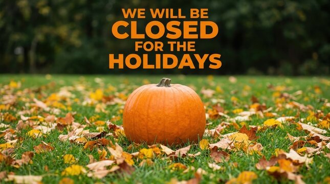Thanksgiving Day Autumn seasonal closure notice with pumpkin on grass