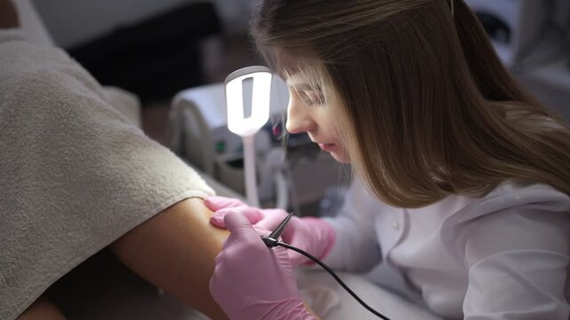 Professional dermatologist removing mole with electrocoagulation