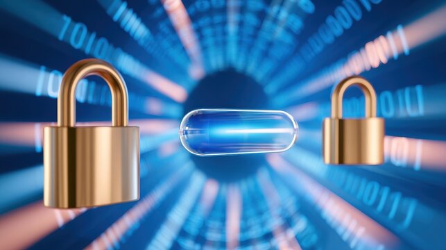 Digital encryption concept with glowing capsule between two padlocks against binary code tunnel