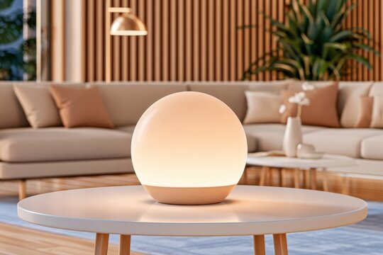 Glowing spherical smart device pulsing with warm light on modern table in cozy living room
