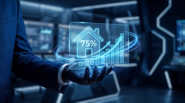Professional holds holographic real estate growth chart with 75 percent in futuristic office