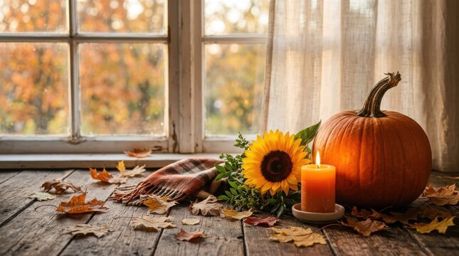Thanksgiving Day Cozy autumn scene with pumpkin candle and sunflowers by a window