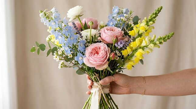 A person holding a beautiful bouquet of fresh colorful flowers with pink roses and yellow snapdragons in their hand