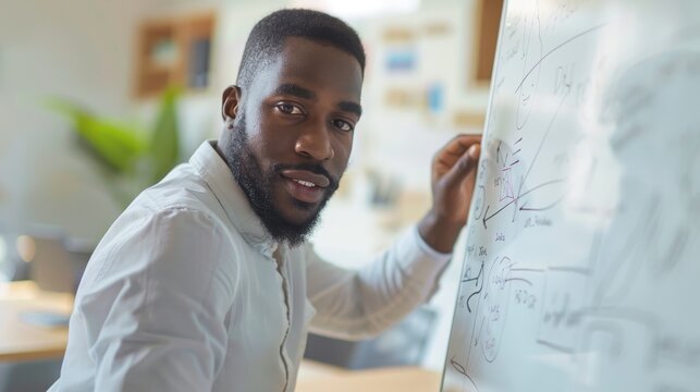 Businessman stands next to a whiteboard while pointing at complex diagrams and strategic notes during a collaborative team meeting in a professional office environment filled with natural light.
