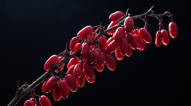 A dramatic close up of glossy elongated red barberries hanging from a thorny dark twig against a deep black background, capturing rich contrast and vivid color in this striking moody botanical still