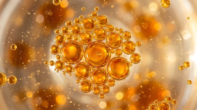 Golden oil bubbles floating in water creating a beautiful abstract pattern with orange and yellow liquid circles