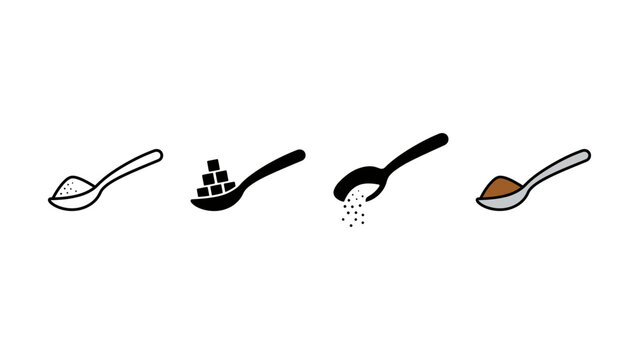 Set of four different spoons containing sugar and spice ingredients on a plain white background