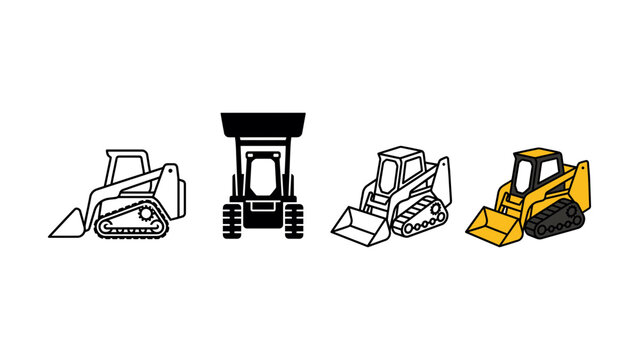 Set of four skid steer loader icons in various artistic styles