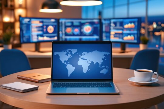 Laptop displaying world map on desk with coffee cup and notebooks in modern office with multiple monitors