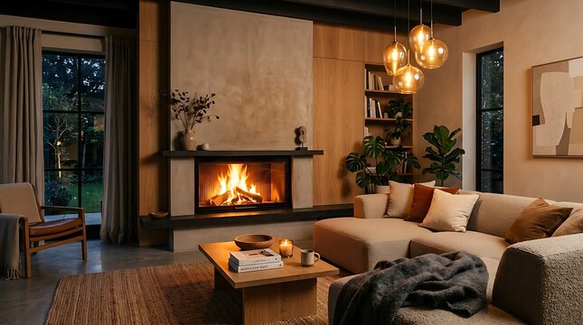 Cozy modern living room interior with a burning fireplace and warm golden lighting at night in a luxury house