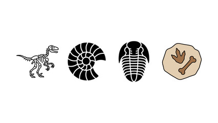Set of dinosaur skeleton and prehistoric ancient fossils icons isolated on white background © sharmin