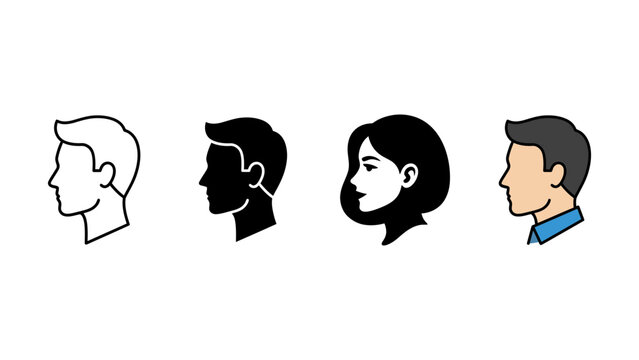 Set of diverse human head profile icons in outline solid and colored flat styles