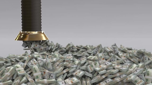 Massive pile of us dollar banknotes being sucked up by a vacuum hose