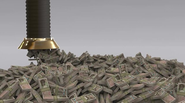 Massive pile of japanese yen banknotes being sucked up by a vacuum hose