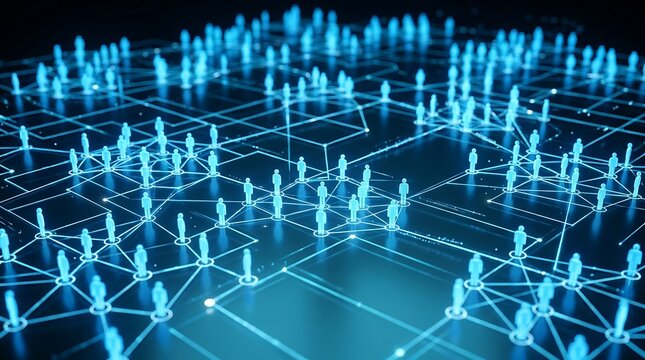 Glowing blue digital people icons connected by lines representing a global social network and data communication