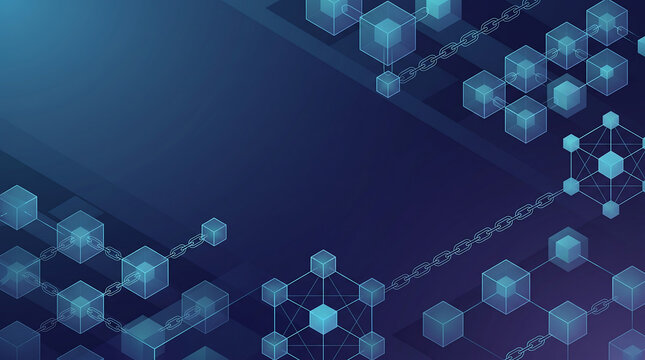 Blockchain technology background with isometric blue cubes. Digital network connection and data security concept. Futuristic crypto infrastructure.