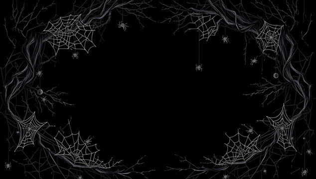 Dark Halloween Frame Background with Cobwebs and Spiders Copy Space