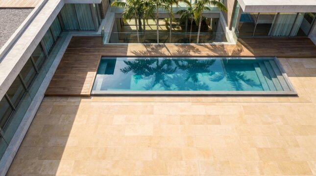 Modern Architecture, Elegant Pool, Luxurious Home, Outdoor Lifestyle, Aerial View, Tranquil Environment