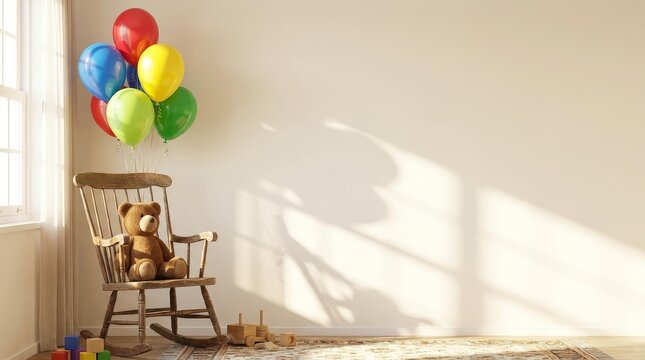 Playful Teddy Bear with Balloons in Minimalist Room, Bright and Cheerful Atmosphere