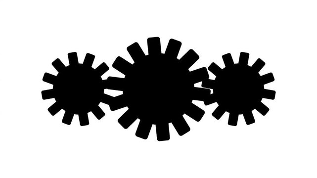 Three sets of interlocking black gear silhouettes rotating against plain white background surface