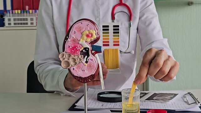 Demonstration of kidney model showing function and testing process in a medical setting