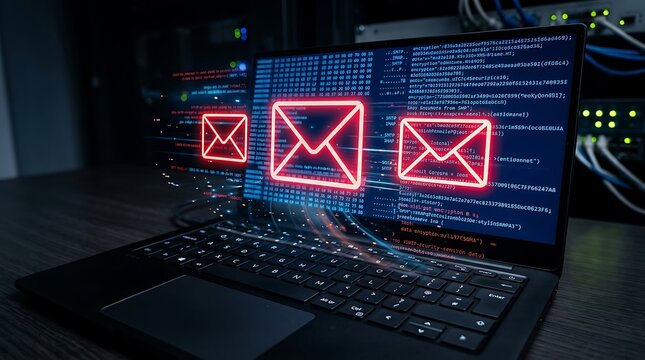 Neon red email envelope icons floating over a laptop screen displaying blue computer code in a dark office room