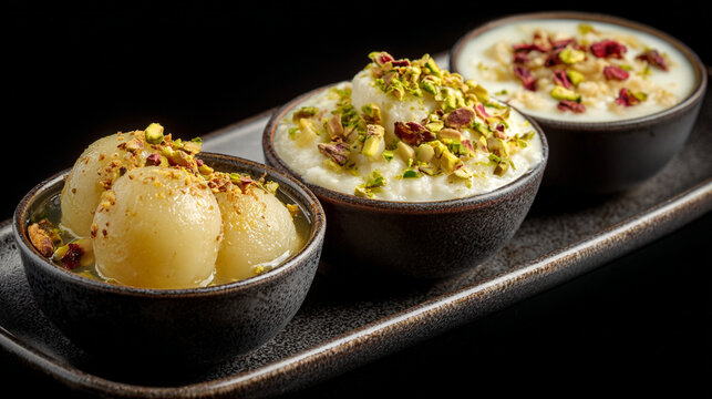 Traditional indian dessert platter featuring rasmalai and gulab jamun.