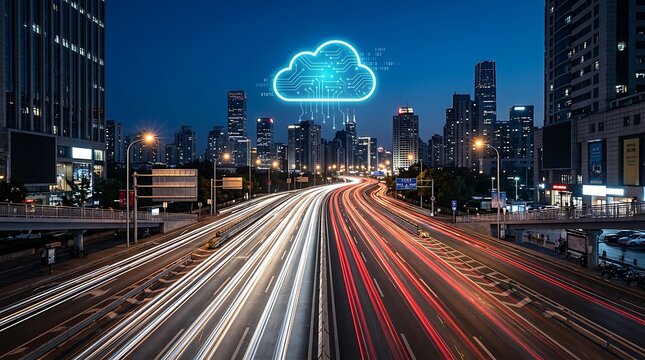 Glowing digital cloud icon floating above a busy city highway with motion blurred car light trails at dark night