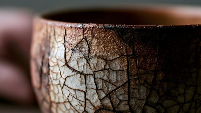 Close up of a ceramic cup with intricate crackle glaze texture showing aged artisanal craftsmanship and warm earthy tones