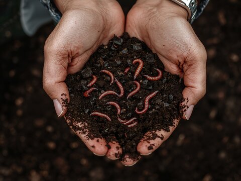 Hands holding soil with earthworms for composting