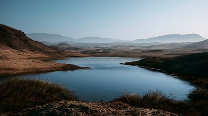 Fototapeta premium A serene lake nestled among arid hills and distant mountain ranges under a clear blue sky