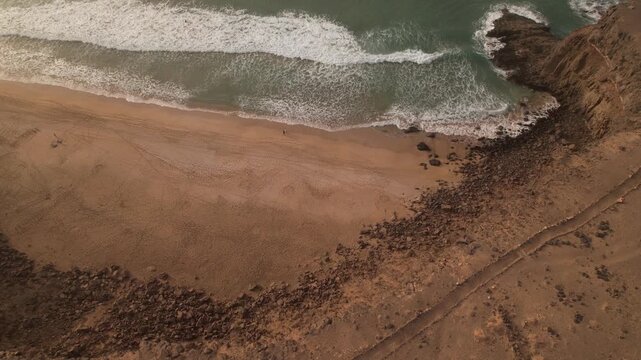 Beach in Fuerteventura, Canary Islands, during a sandstorm, 4k 30fps aerial footage, 1 inch sensor drone