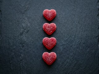 Obraz premium A vertical row of four red heart shaped sugar cookies arranged neatly on a dark textured slate background for a romantic holiday celebration