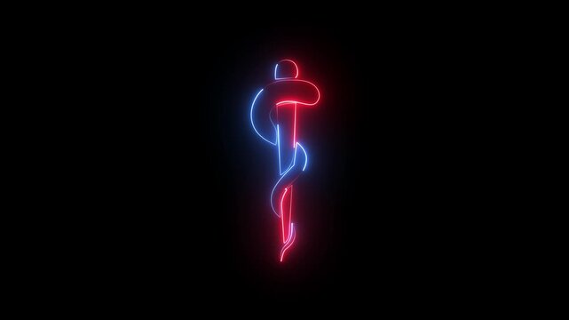 Glowing red blue neon Rod of Asclepius icon outline medical symbol healthcare dark black background.
