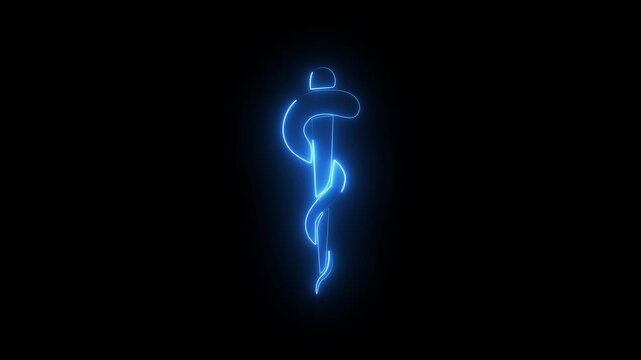Glowing blue neon Rod of Asclepius icon outline medical symbol healthcare dark black background.