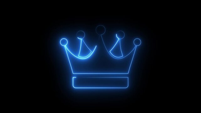 Glowing blue neon crown icon outline royal king queen authority luxury concept dark black background.