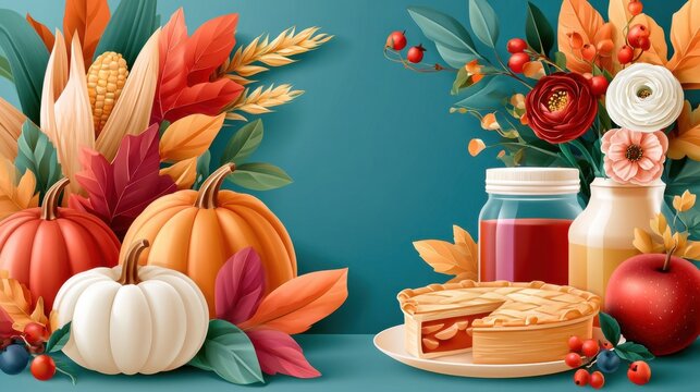 Thanksgiving banner illustration with pumpkins, autumn leaves, pie, and teal background