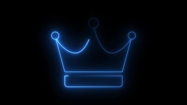 Glowing blue neon crown icon outline royal king queen authority luxury concept dark black background.
