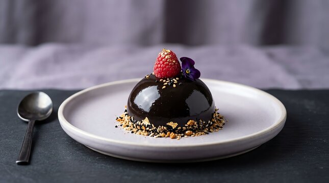 A delicious gourmet chocolate mousse dome cake topped with fresh berries and nuts on a white plate