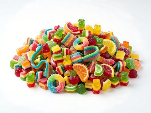 A large pile of assorted colorful gummy candies and jelly sweets isolated on a white background for a bright and festive celebration snack