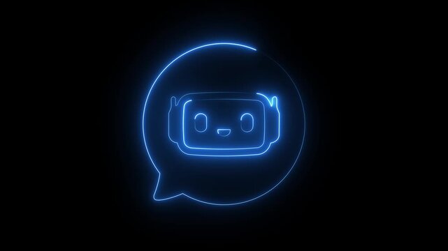 Glowing blue neon chatbot icon speech bubble outline bot assistant AI concept dark black background.