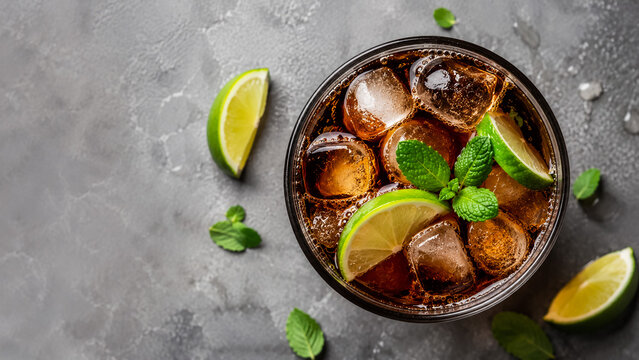 Refreshing cola drink with lime and mint in a glass on a dark stone background
