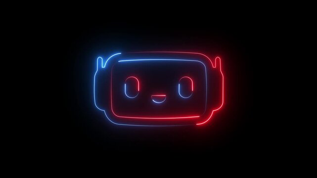 Glowing red blue neon robot head icon outline cute chatbot bot assistant AI concept dark background.